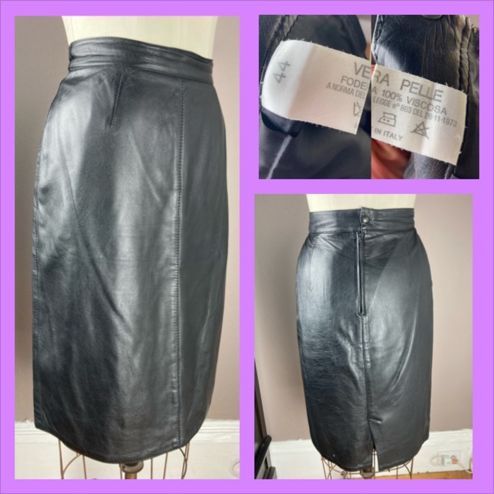 Black Leather Midi Skirt - Made in Italy - 27”W